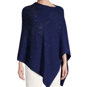 LA FIORENTINA Embellished Sparky Rhinestone Funnel Neck Knit Poncho, Navy, O/S